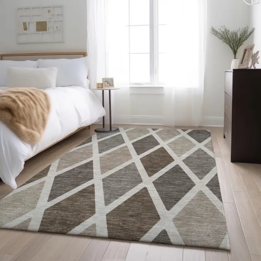 Beige Ivory And Brown Geometric Washable Area Rug With UV Protection Photo 5