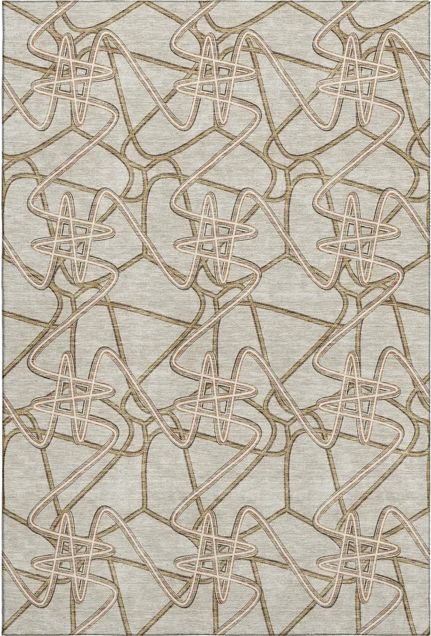 Beige Ivory And Brown Geometric Washable Area Rug With UV Protection Photo 1