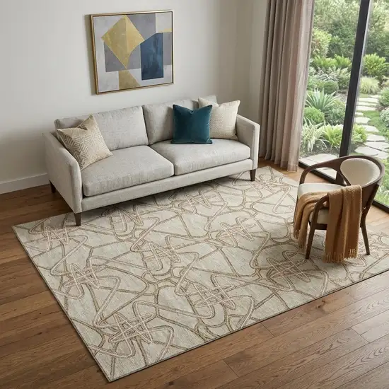 Beige Ivory And Brown Geometric Washable Area Rug With UV Protection Photo 1