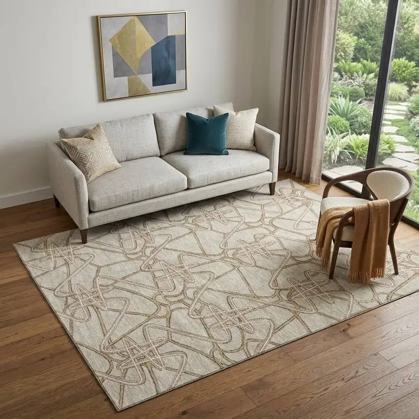 Beige Ivory And Brown Geometric Washable Area Rug With UV Protection Photo 1