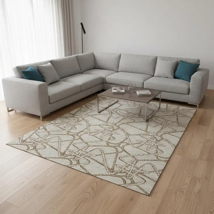 Beige Ivory And Brown Geometric Washable Area Rug With UV Protection Photo 2