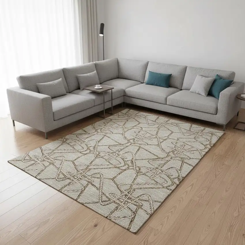 Beige Ivory And Brown Geometric Washable Area Rug With UV Protection Photo 2