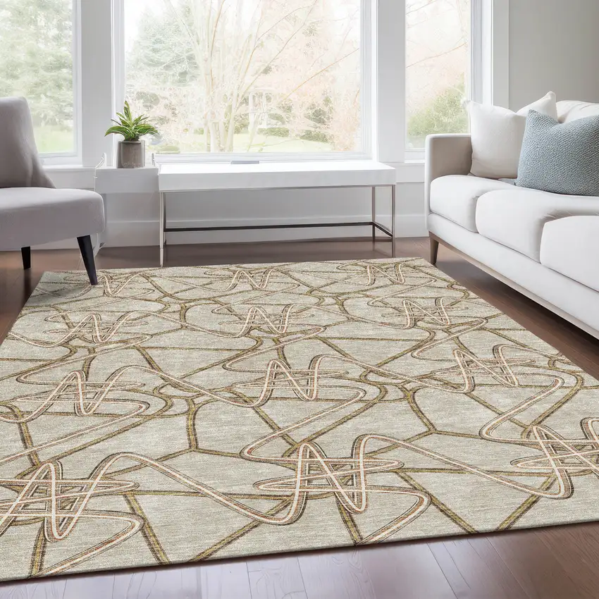 Beige Ivory And Brown Geometric Washable Area Rug With UV Protection Photo 5