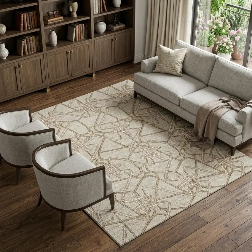 Beige Ivory And Brown Geometric Washable Area Rug With UV Protection Photo 1
