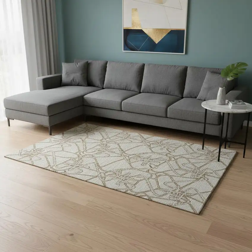 Beige Ivory And Brown Geometric Washable Area Rug With UV Protection Photo 2