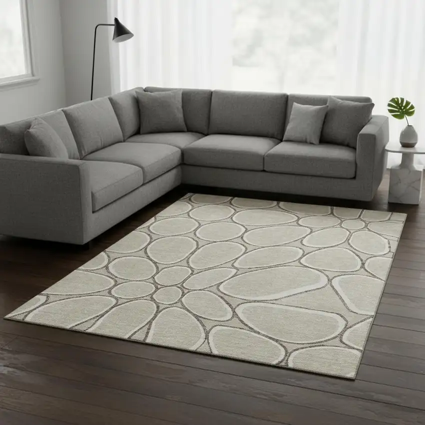 Beige Ivory And Brown Geometric Washable Area Rug With UV Protection Photo 2