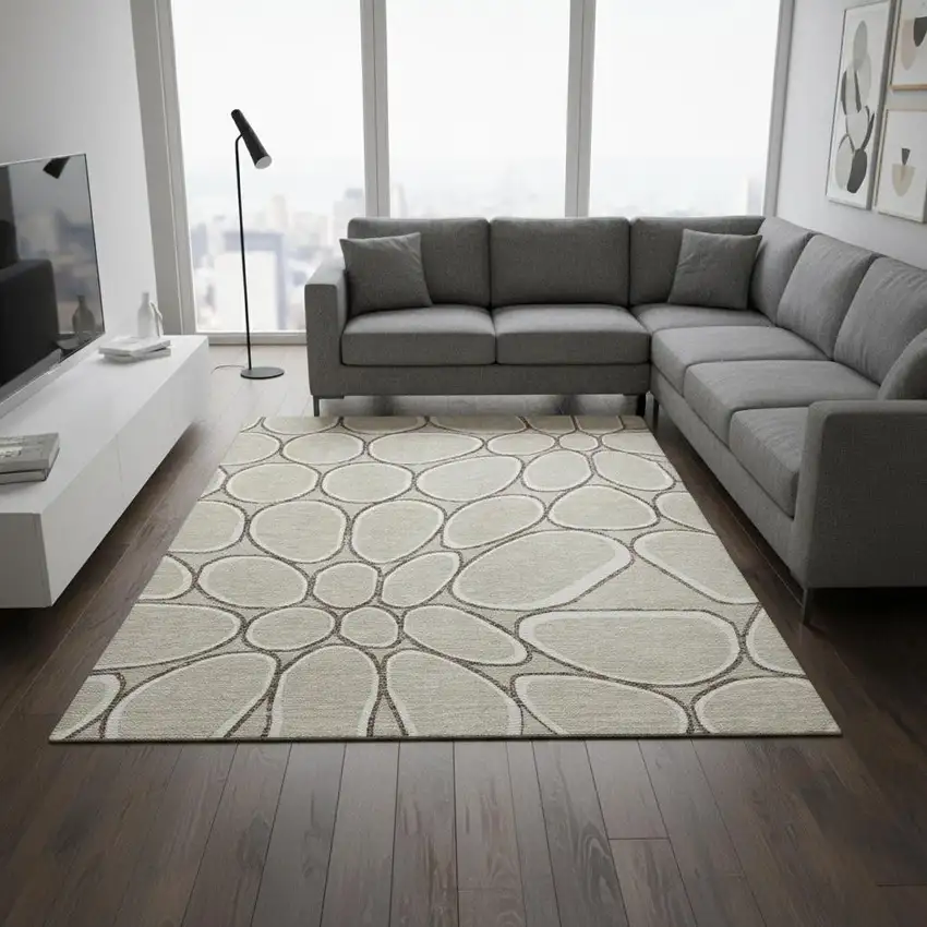 Beige Ivory And Brown Geometric Washable Area Rug With UV Protection Photo 2