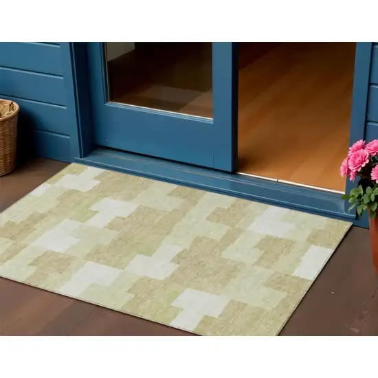 Beige Ivory And Brown Geometric Washable Indoor Outdoor Area Rug Photo 1