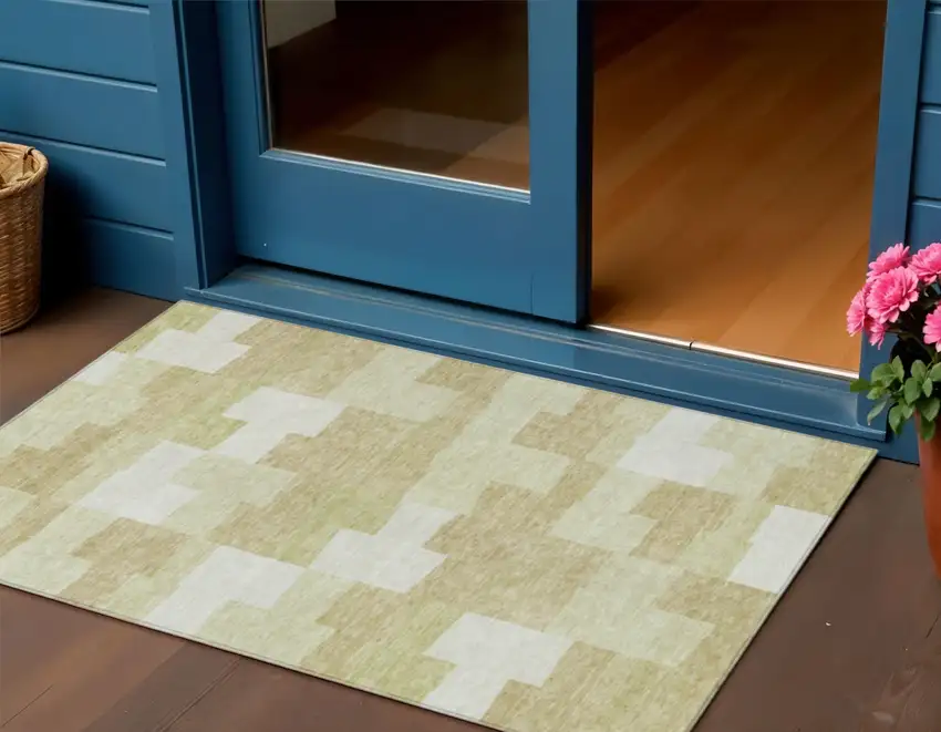 Beige Ivory And Brown Geometric Washable Indoor Outdoor Area Rug Photo 1