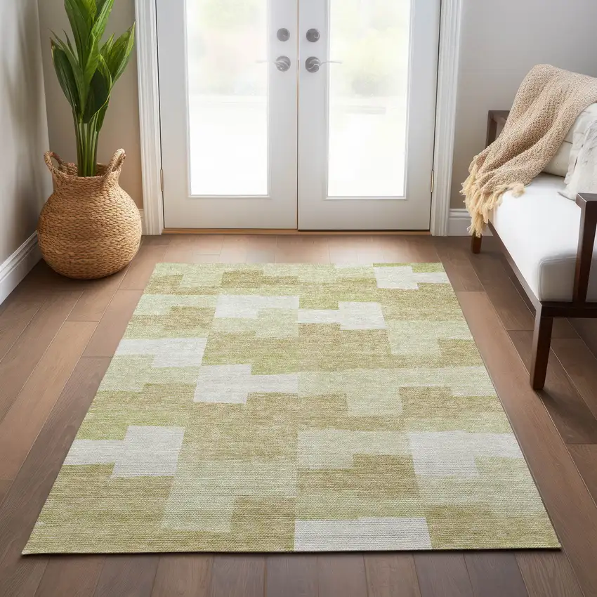 Beige Ivory And Brown Geometric Washable Indoor Outdoor Area Rug Photo 9