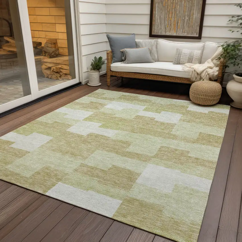Beige Ivory And Brown Geometric Washable Indoor Outdoor Area Rug Photo 9