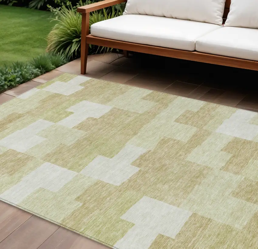 Beige Ivory And Brown Geometric Washable Indoor Outdoor Area Rug Photo 1