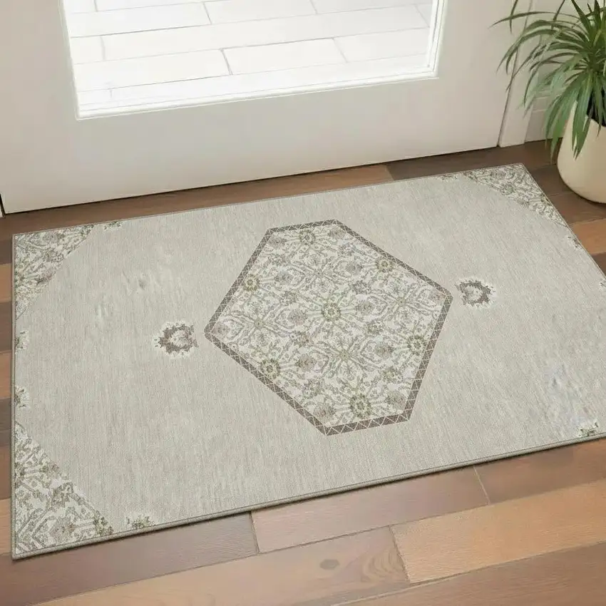 Beige Ivory And Brown Oriental Washable Area Rug With UV Protection Photo 2