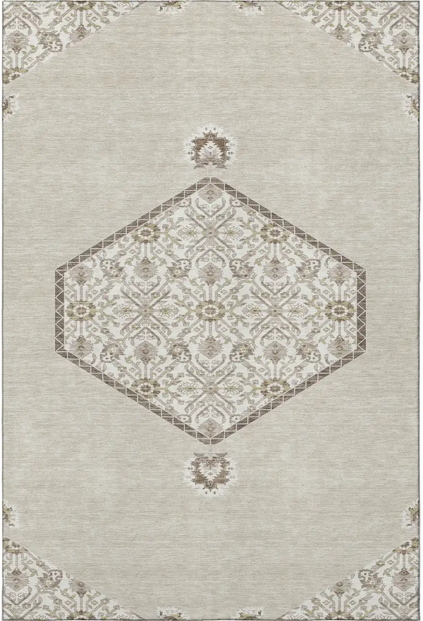Beige Ivory And Brown Oriental Washable Area Rug With UV Protection Photo 3