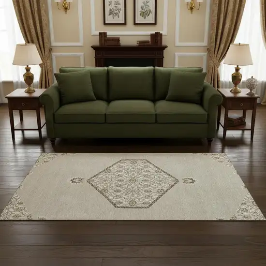 Beige Ivory And Brown Oriental Washable Area Rug With UV Protection Photo 2