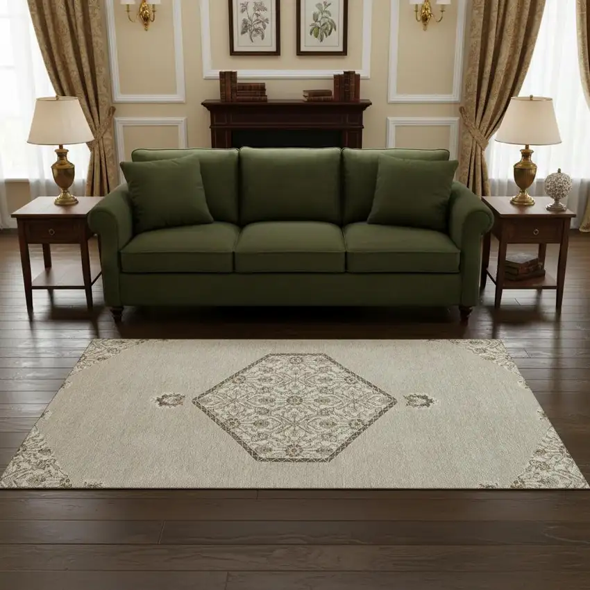 Beige Ivory And Brown Oriental Washable Area Rug With UV Protection Photo 2