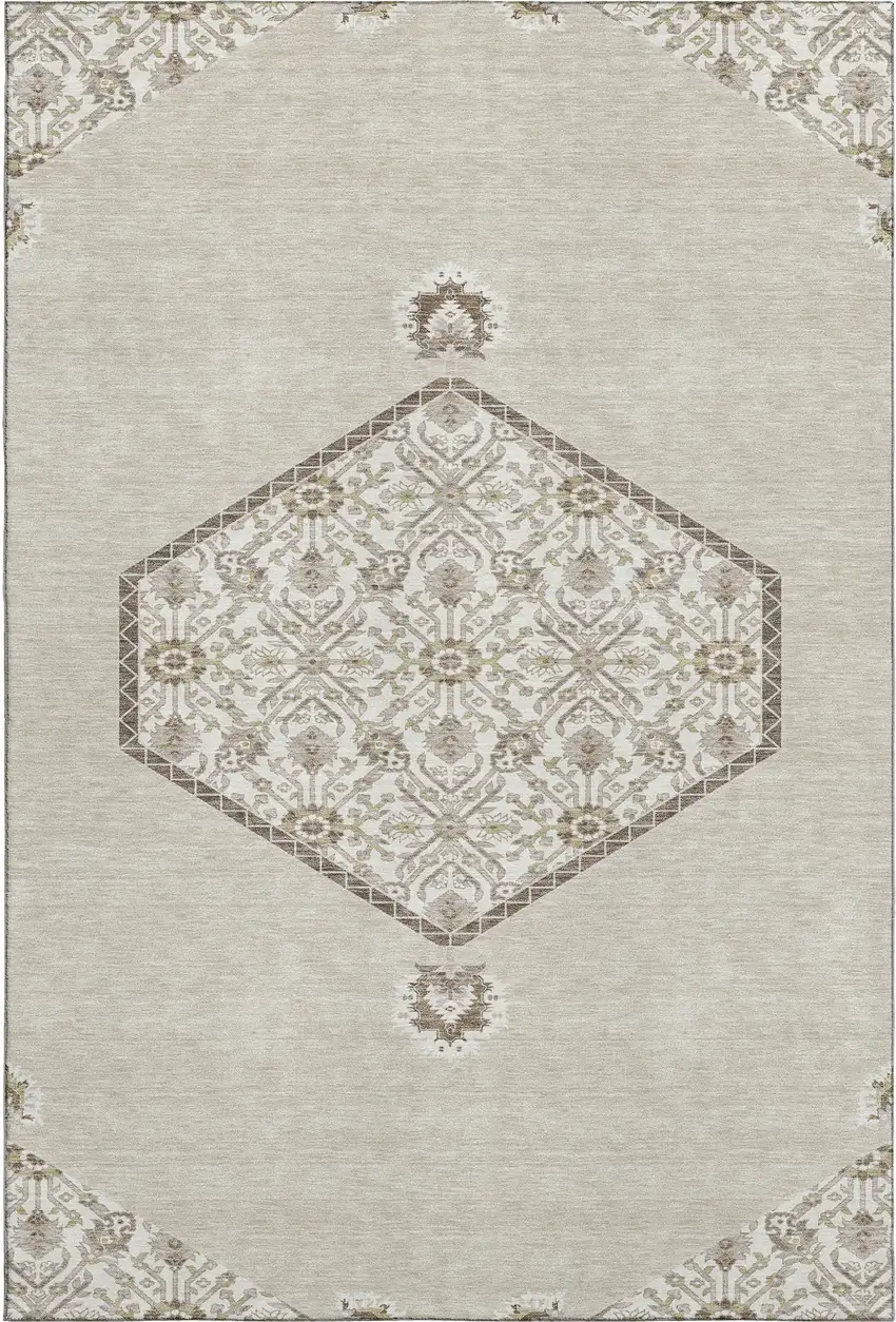 Beige Ivory And Brown Oriental Washable Area Rug With UV Protection Photo 1
