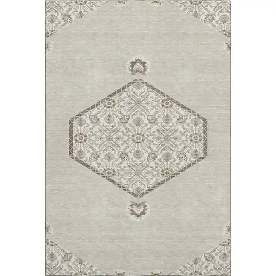 Beige Ivory And Brown Oriental Washable Area Rug With UV Protection Photo 1