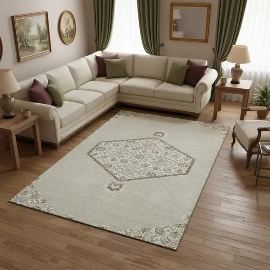 Beige Ivory And Brown Oriental Washable Area Rug With UV Protection Photo 2