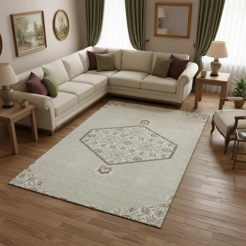 Beige Ivory And Brown Oriental Washable Area Rug With UV Protection Photo 2