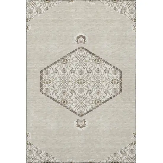 Beige Ivory And Brown Oriental Washable Area Rug With UV Protection Photo 3