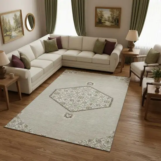 Beige Ivory And Brown Oriental Washable Area Rug With UV Protection Photo 2