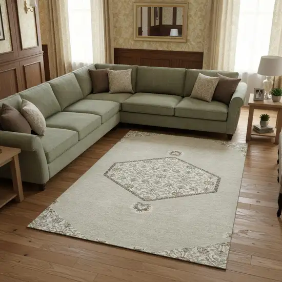 Beige Ivory And Brown Oriental Washable Area Rug With UV Protection Photo 2