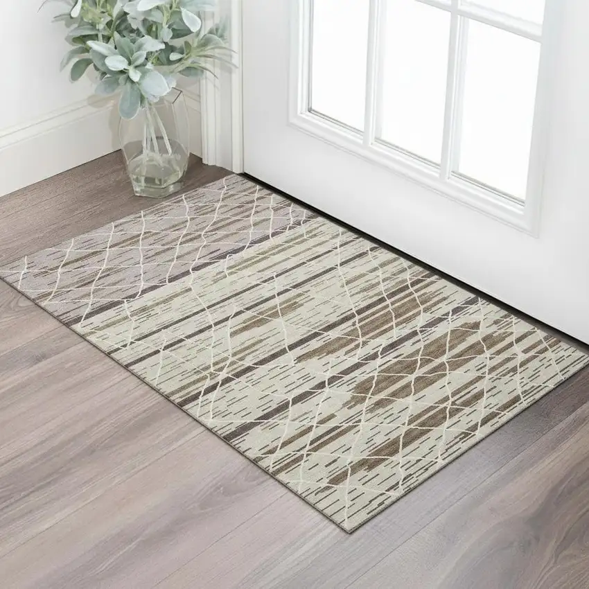 Beige Ivory And Brown Striped Washable Area Rug With UV Protection Photo 2