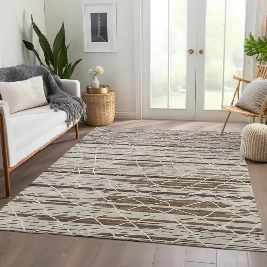 Beige Ivory And Brown Striped Washable Area Rug With UV Protection Photo 5