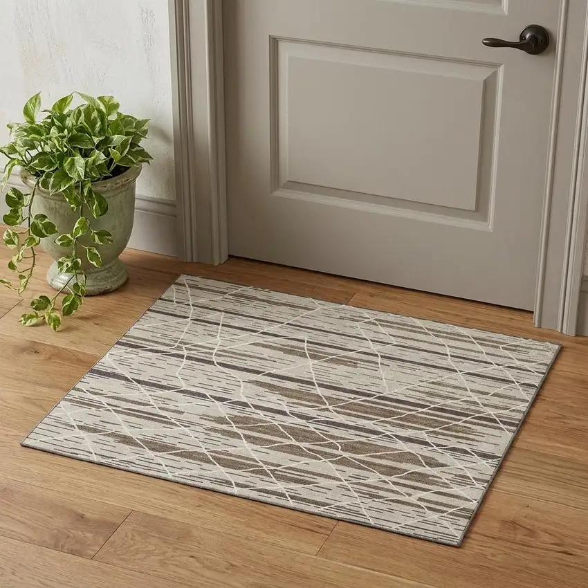 Beige Ivory And Brown Striped Washable Area Rug With UV Protection Photo 1