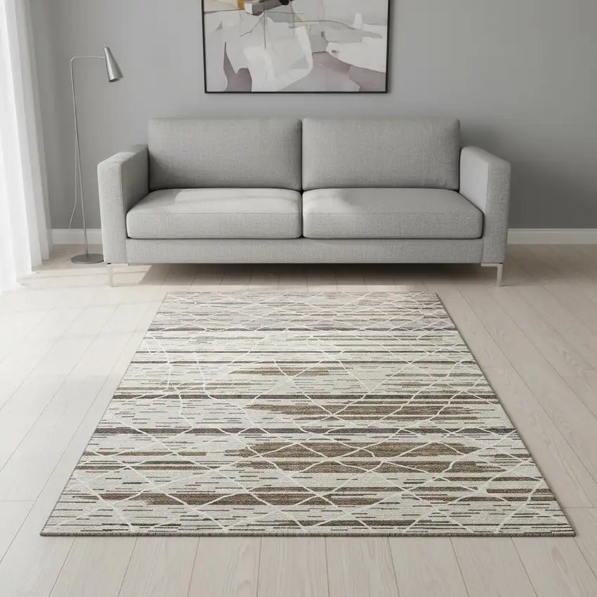 Beige Ivory And Brown Striped Washable Area Rug With UV Protection Photo 2