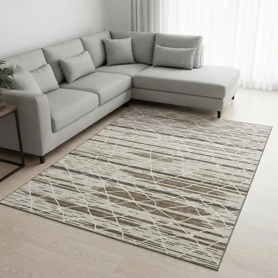 Beige Ivory And Brown Striped Washable Area Rug With UV Protection Photo 2