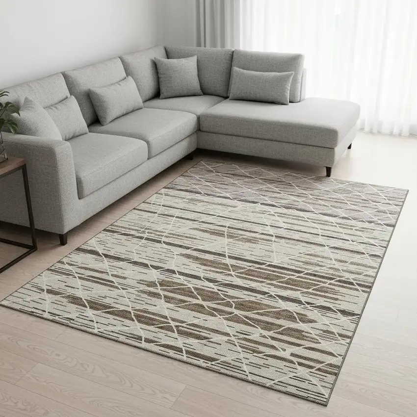 Beige Ivory And Brown Striped Washable Area Rug With UV Protection Photo 2