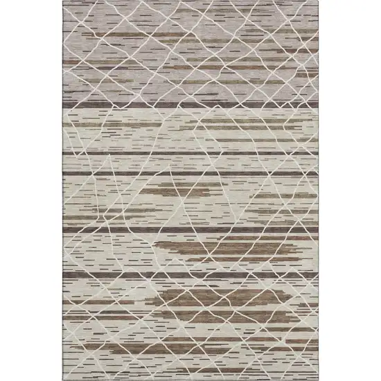 Beige Ivory And Brown Striped Washable Area Rug With UV Protection Photo 1