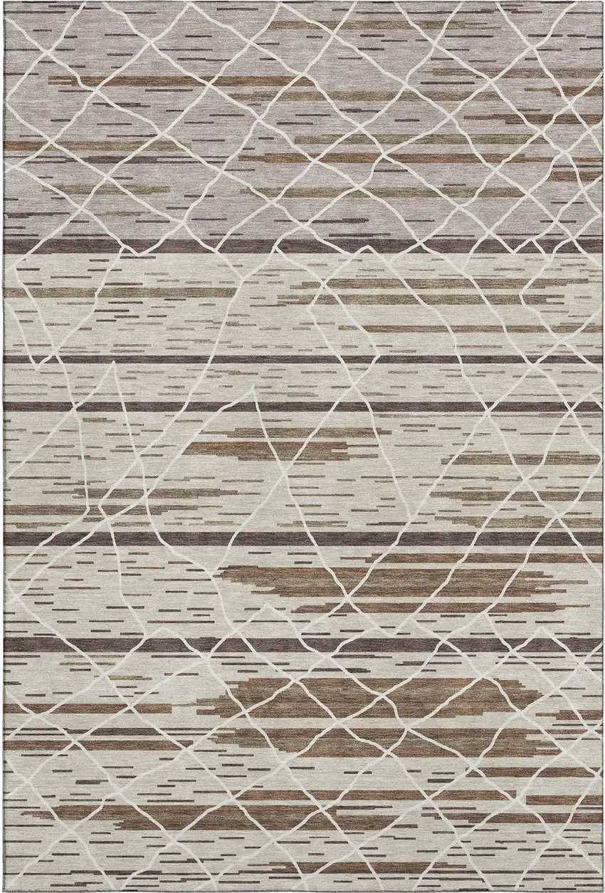 Beige Ivory And Brown Striped Washable Area Rug With UV Protection Photo 1