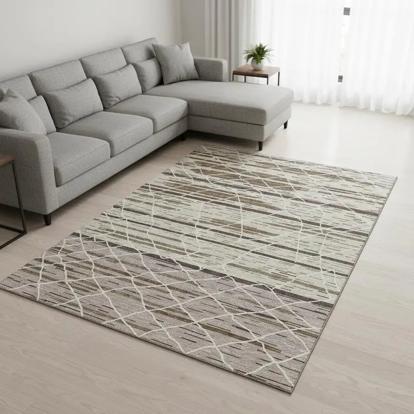 Beige Ivory And Brown Striped Washable Area Rug With UV Protection Photo 2