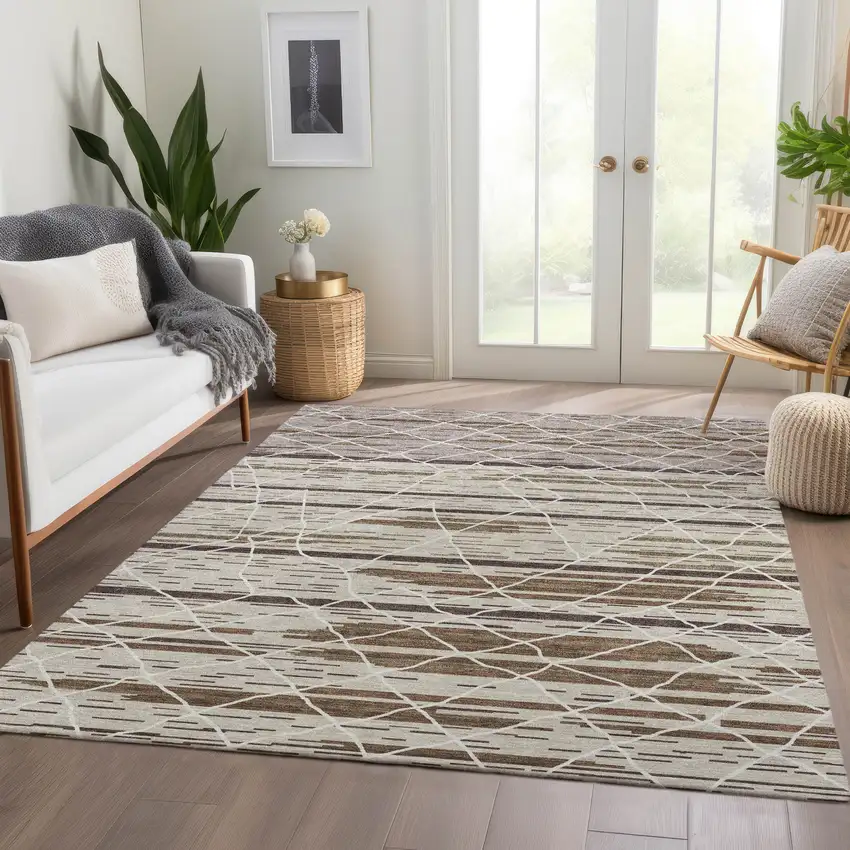 Beige Ivory And Brown Striped Washable Area Rug With UV Protection Photo 5