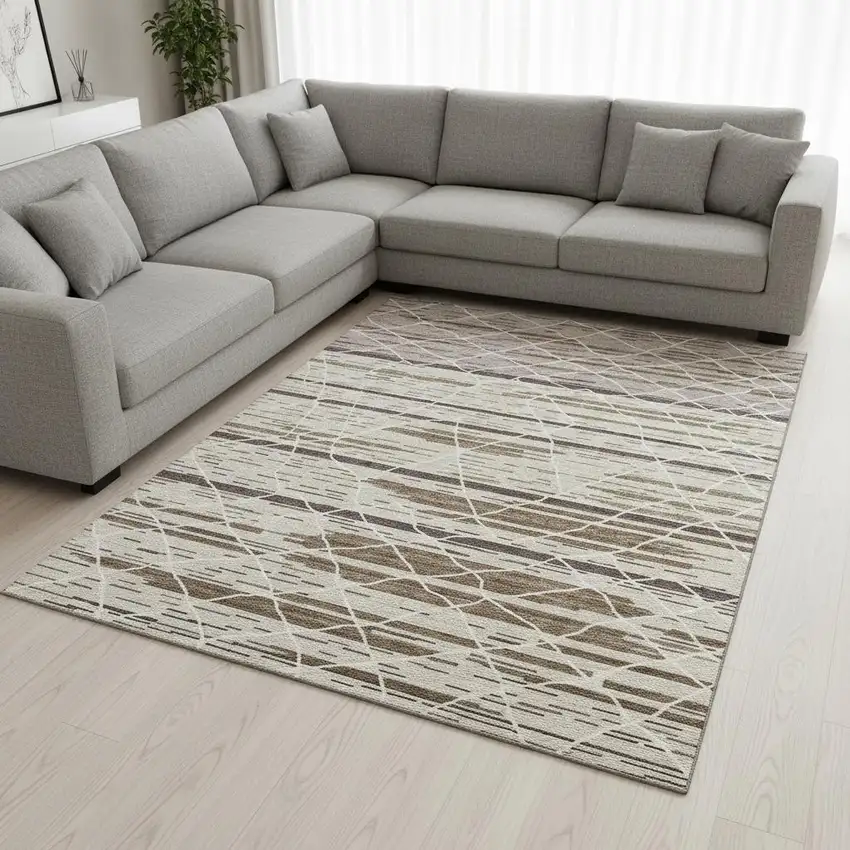 Beige Ivory And Brown Striped Washable Area Rug With UV Protection Photo 2