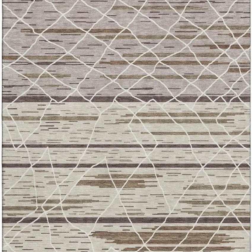 Beige Ivory And Brown Striped Washable Area Rug With UV Protection Photo 3