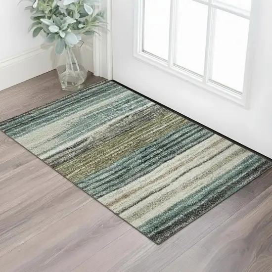 Beige Ivory And Brown Striped Washable Area Rug With UV Protection Photo 2