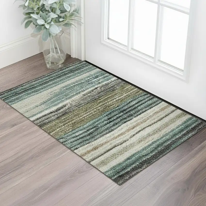Beige Ivory And Brown Striped Washable Area Rug With UV Protection Photo 2