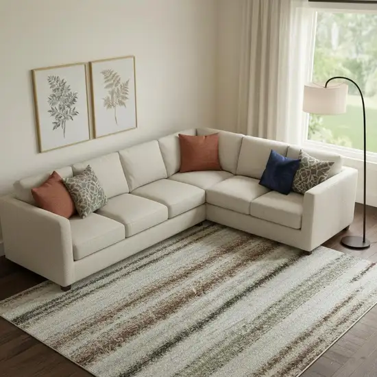 Beige Ivory And Brown Striped Washable Area Rug With UV Protection Photo 2