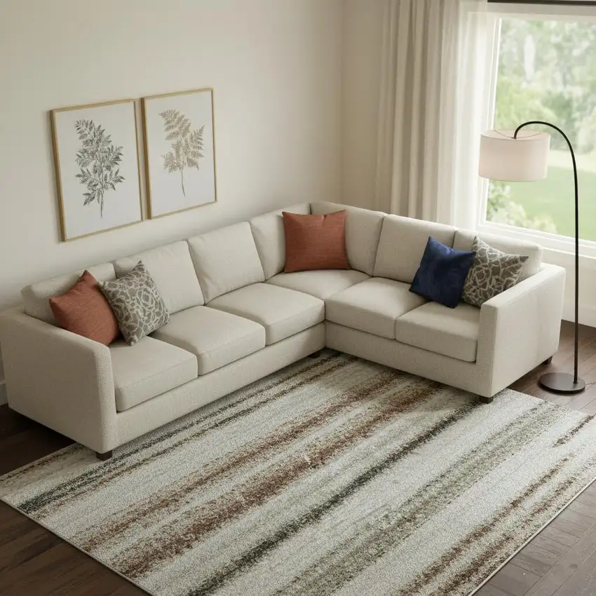 Beige Ivory And Brown Striped Washable Area Rug With UV Protection Photo 2