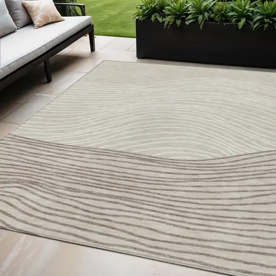 Beige Ivory And Brown Striped Washable Indoor Outdoor Area Rug Photo 1