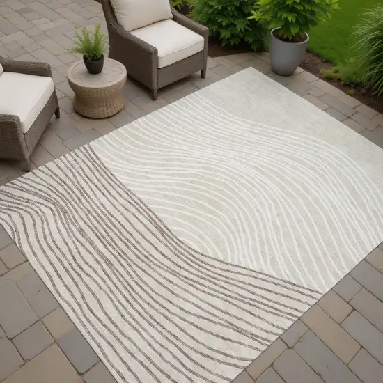 Beige Ivory And Brown Striped Washable Indoor Outdoor Area Rug Photo 8
