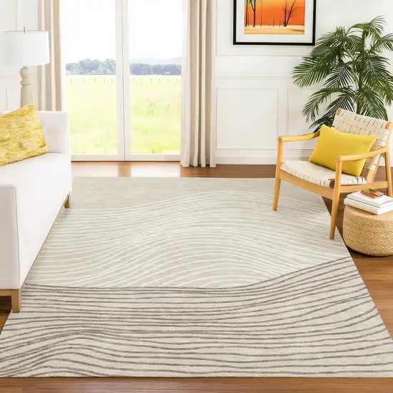 Beige Ivory And Brown Striped Washable Indoor Outdoor Area Rug Photo 9