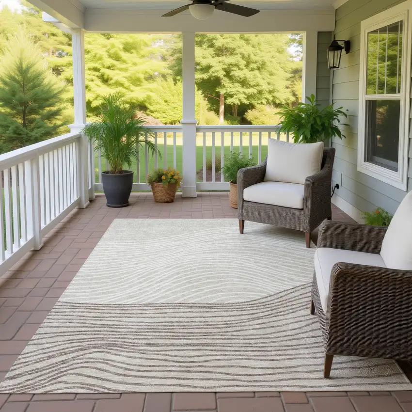 Beige Ivory And Brown Striped Washable Indoor Outdoor Area Rug Photo 9