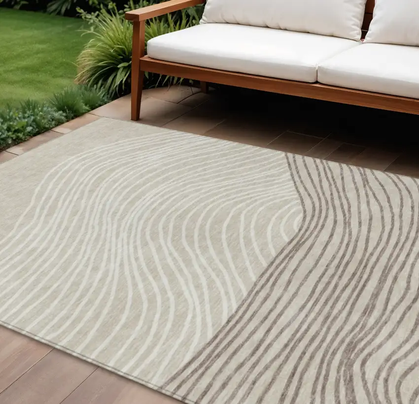 Beige Ivory And Brown Striped Washable Indoor Outdoor Area Rug Photo 1