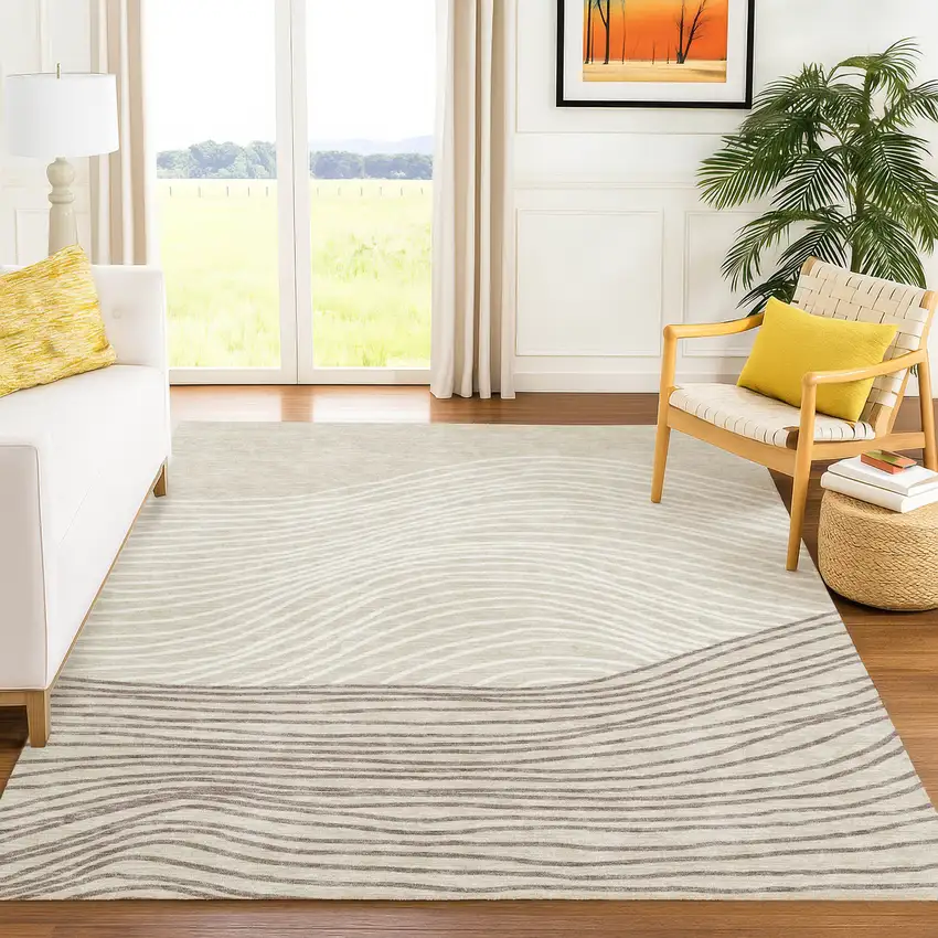 Beige Ivory And Brown Striped Washable Indoor Outdoor Area Rug Photo 9
