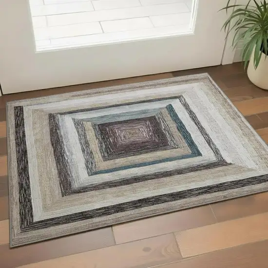 Beige Ivory And Charcoal Geometric Washable Area Rug With UV Protection Photo 2